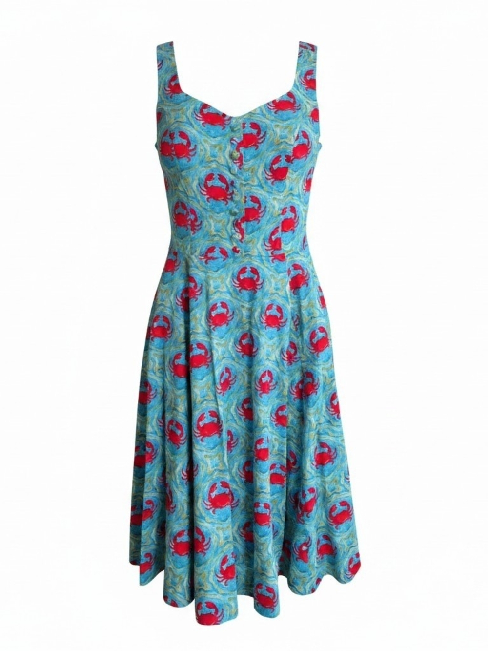 Crab-Print Vintage-Inspired Midi Dress in Aqua and Red